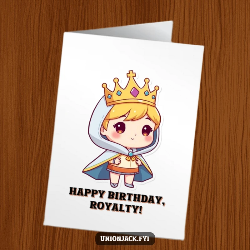 Free printable birthday card featuring a character adorned in a crown and cape, exuding regal charm and birthday wishes.