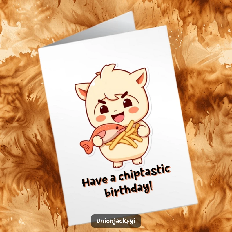 Funny Free Printable Birthday Card featuring a character with a mischievous grin holding a delightful portion of fish and chips.