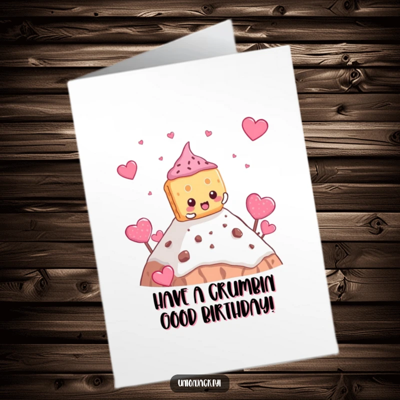 Funny Free Printable Birthday Card: Determined biscuit character comically climbing a huge teacake mountain, symbolizing reaching new heights.