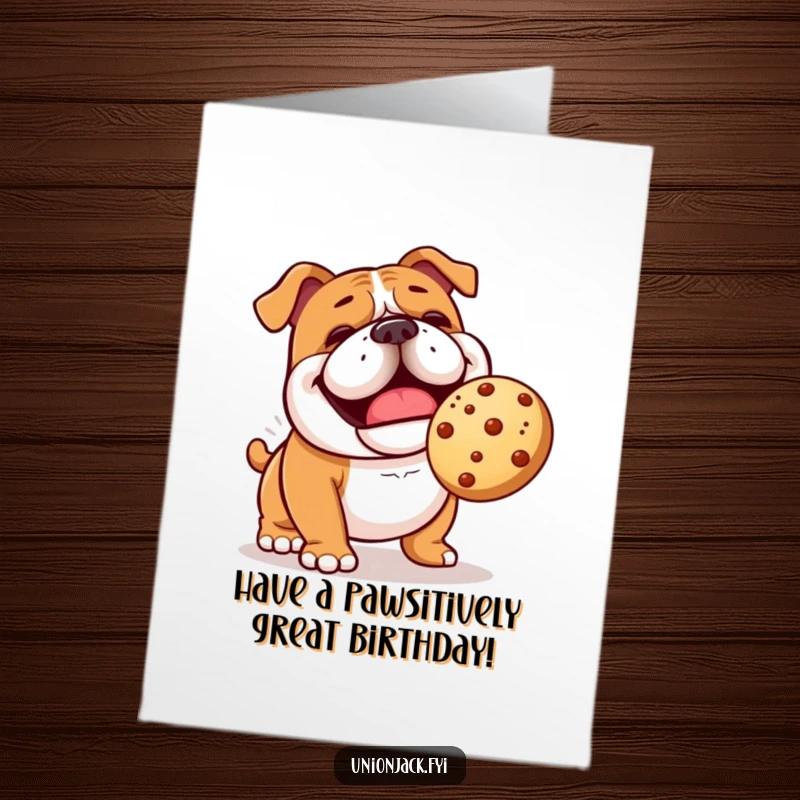 Funny Free Printable Birthday Card: Cheerful bulldog comically attempting to fetch a bouncing scone, showing playful determination and fun.