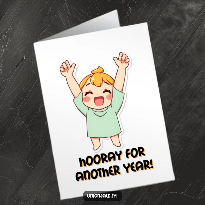 Funny Free Printable Birthday Card showing a character exuberantly cheering with arms raised high in triumph.