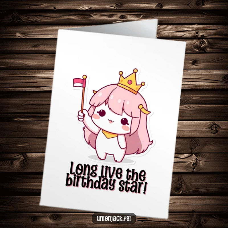 Funny Free Printable Birthday Card featuring a character wearing a small crown and proudly waving a tiny flag.