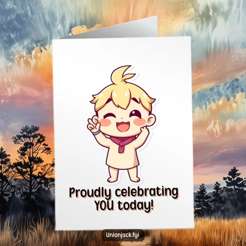 Funny Free Printable Birthday Card: Character making a funny, proud announcement gesture, a bold and humorous DIY greeting for a grand occasion.