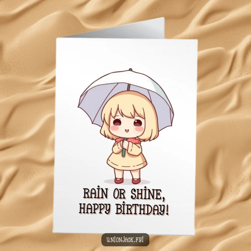 Funny Free Printable Birthday Card: A cute character happily holds a small umbrella open, despite clear blue skies.