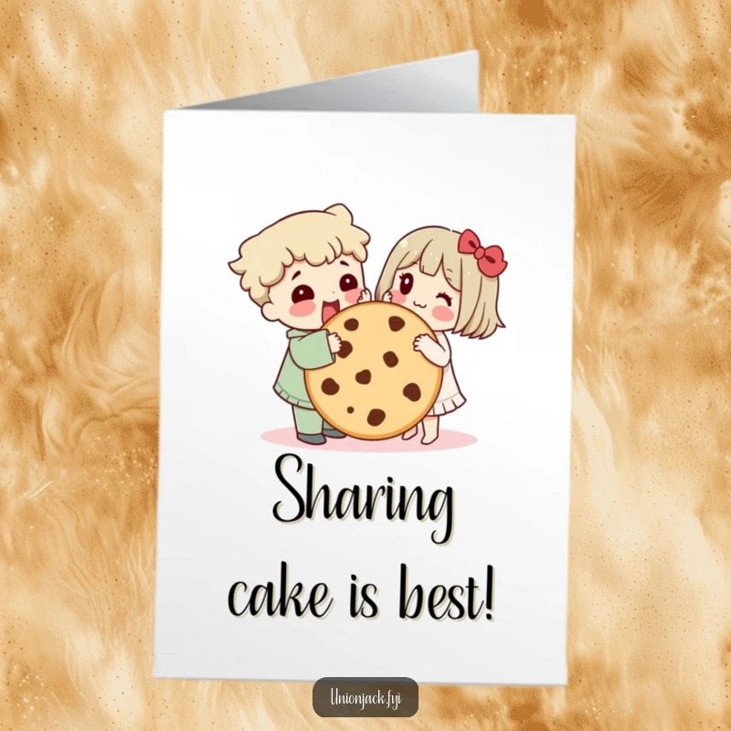 Funny free printable birthday card: a character shares a giant cookie with a happy friend.