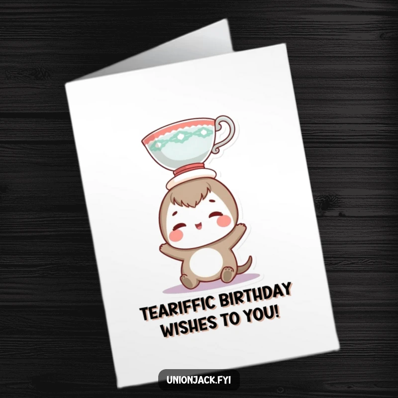 Funny Free Printable Birthday Card: A smiling character adorably balances a teacup on its head, ready to celebrate.