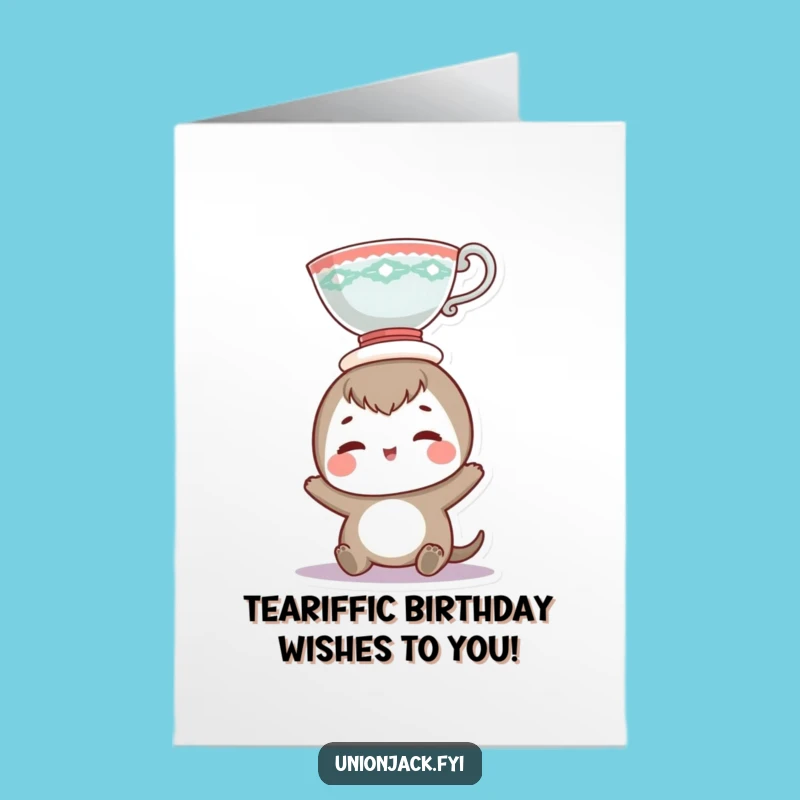 Free Printable Birthday Card: Hilarious Teacup Balancing Character Funny Downloadable Gift