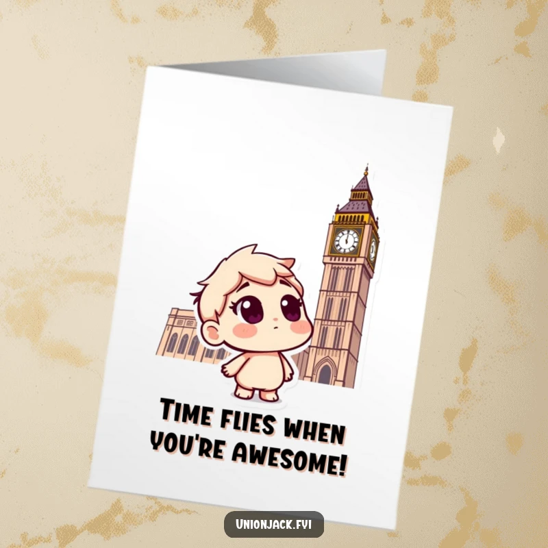 Funny Free Printable Birthday Card: Curious character questions Big Ben, capturing a moment of wonder on their birthday.