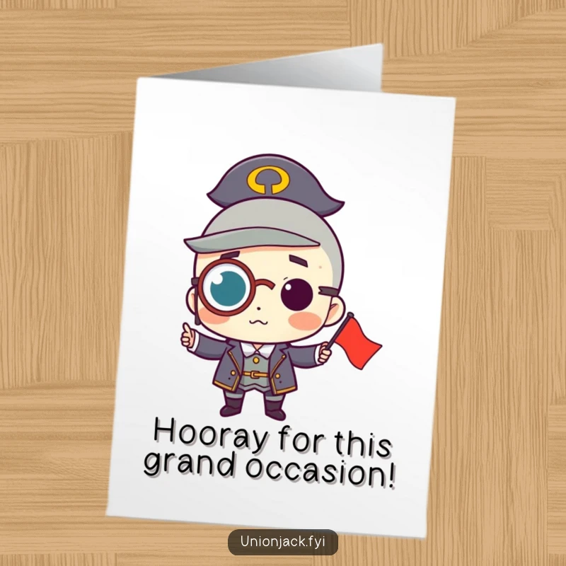 Free Printable Congratulations Card: Character wearing a monocle proudly holds a small flag, a symbol of achievement and class.