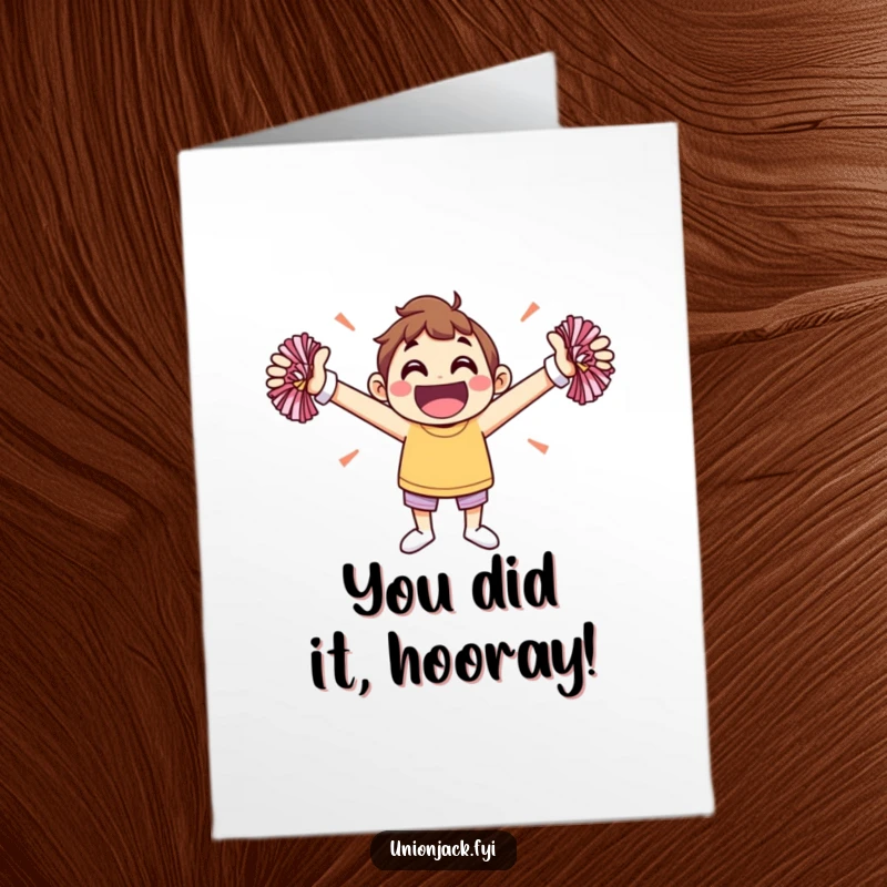 Funny Free Printable Congratulations Card: A jovial character arms outstretched, cheering with pom-poms for a triumphant win.
