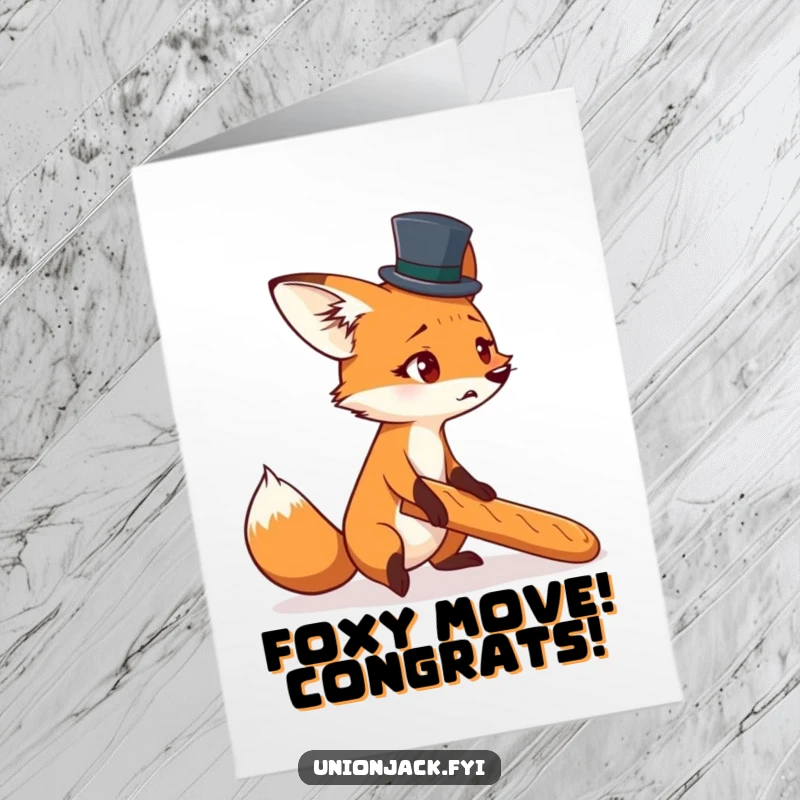 Funny Free Printable Congratulations Card: Startled Fox in Tiny Top Hat Tripping Over a Baguette