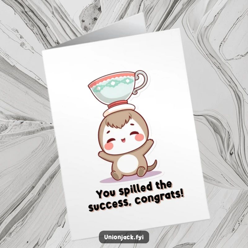 Funny Free Printable Congratulations Card: A cheerful character masters teacup balancing on its head, celebrating your success.
