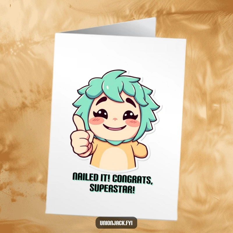 Funny Free Printable Congratulations Card: Character giving an exaggerated thumbs up with a cheeky grin, celebrating success with humorous approval.