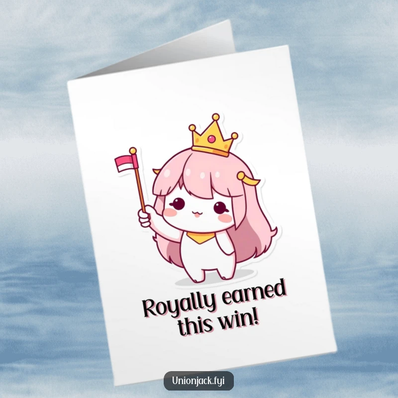 Funny Free Printable Congratulations Card showing a character in a tiny crown waving a small flag, signifying a major achievement.