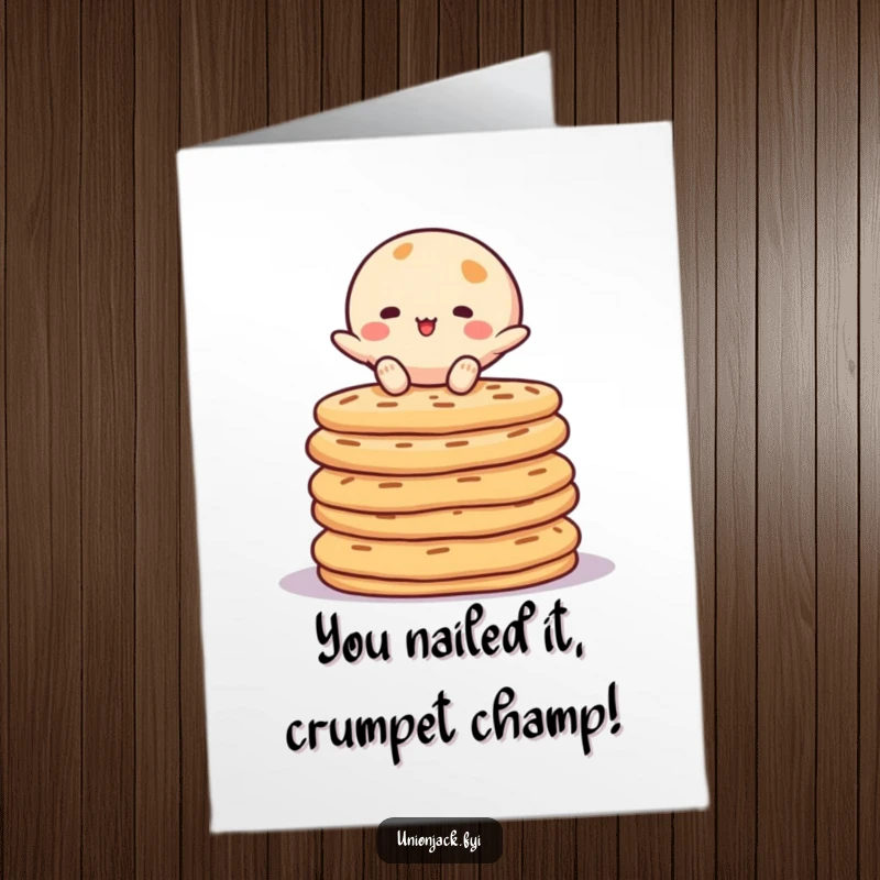 Funny Free Printable Congratulations Card showing a character mastering balance on a tower of fluffy crumpets.