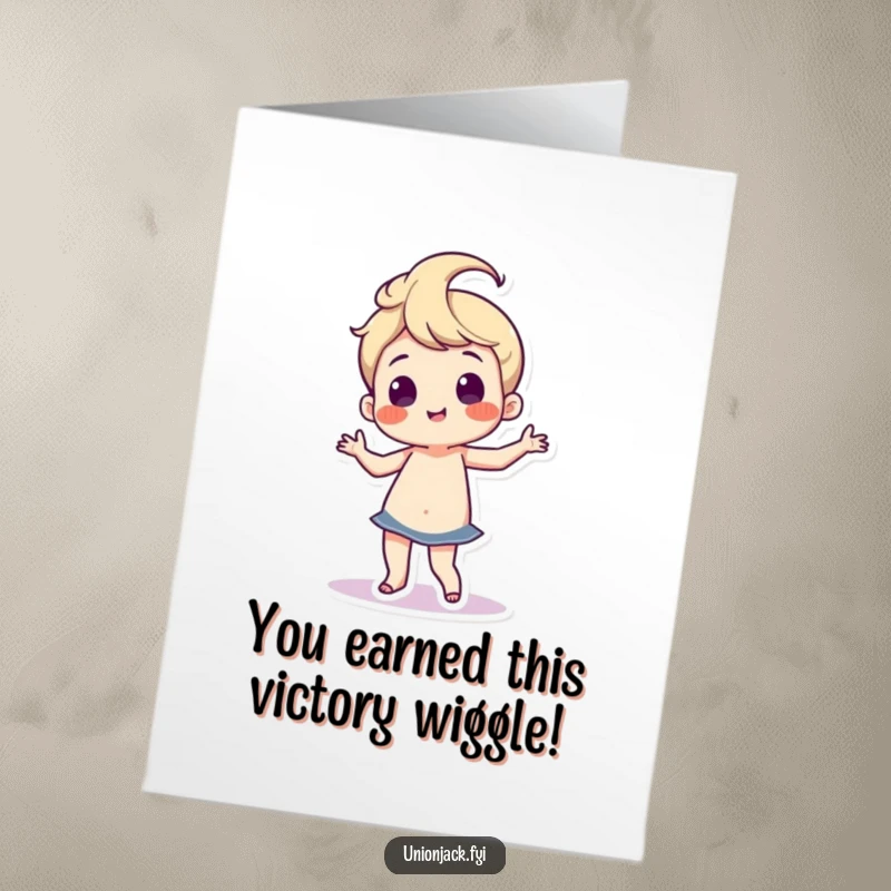 Funny Free Printable Congratulations Card: Character showing off proud dance moves with wiggling hips, celebrating a fantastic achievement.