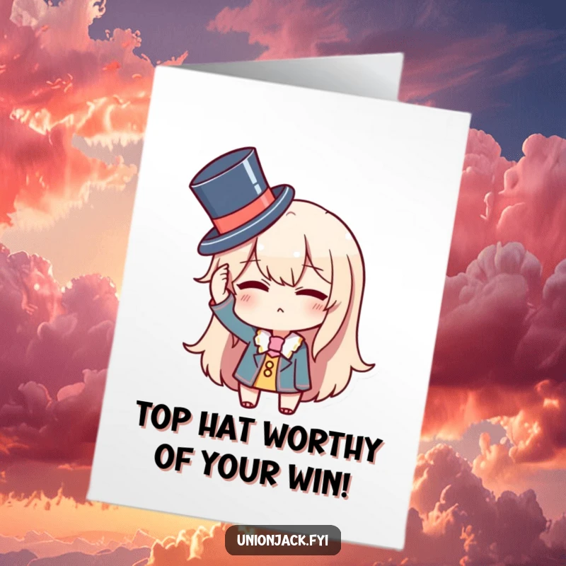 Funny Free Printable Congratulations Card: Character tipping a tiny top hat with a playful wink, conveying classy and humorous congratulations.