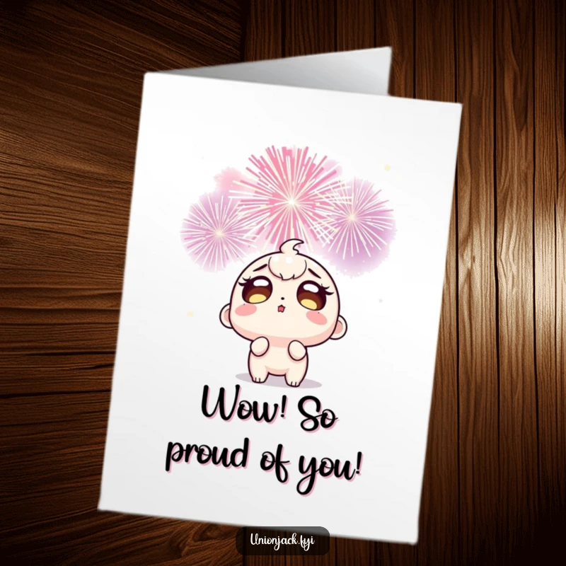 Funny Free Printable Congrats Card: Character amazed by bright fireworks, symbolizing grand achievements and celebrations.