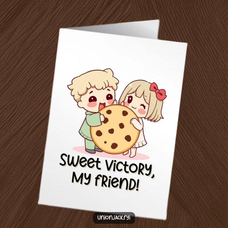 Funny free printable congratulations card: a character shares a giant cookie with a friend.