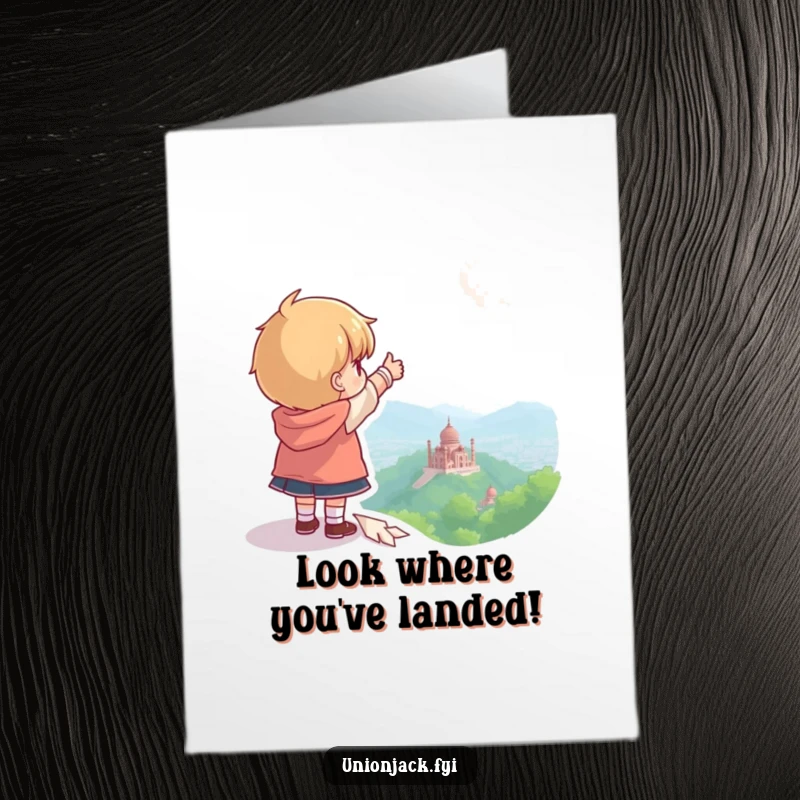 Funny Free Printable Congratulations Card: Character pointing towards a distant landmark, guiding towards success, an inspiring downloadable.