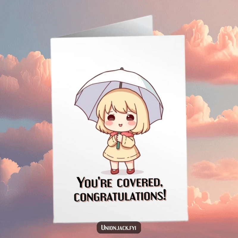 Funny Free Printable Congratulations Card: Cute character smiles, holding a tiny umbrella open unnecessarily on a bright day.