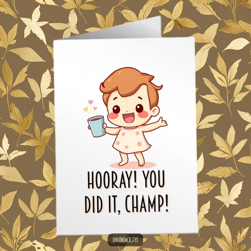 Funny Free Printable Congrats Card: Happy character dances with a cup, a cheerful and funny design for congratulations.