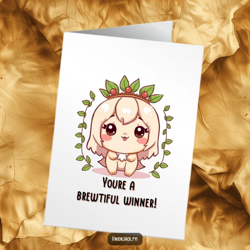 Funny Free Printable Congratulations Card: Character comically wearing a crown made of tea leaves, a quirky and regal symbol of achievement.