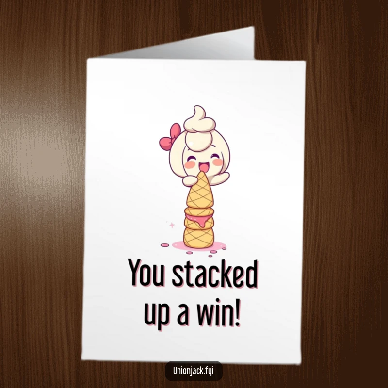 Funny Free Printable Congrats Card: Character giggling happily while perfectly balancing a comical tower of scones.