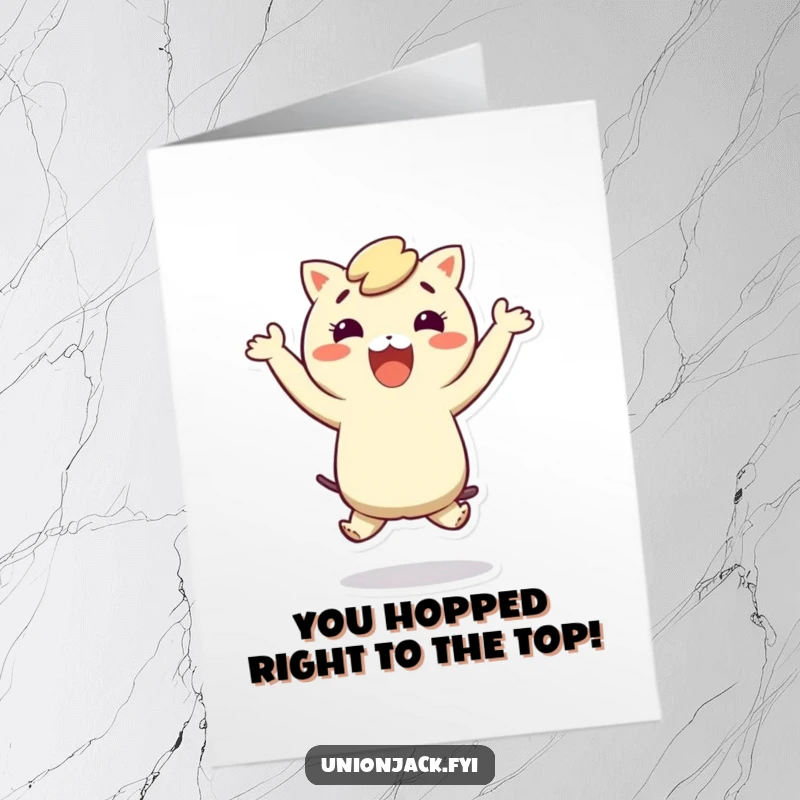 Funny Free Printable Congratulations Card: Character doing a happy, silly hop, celebrating success, an awesome downloadable greeting.