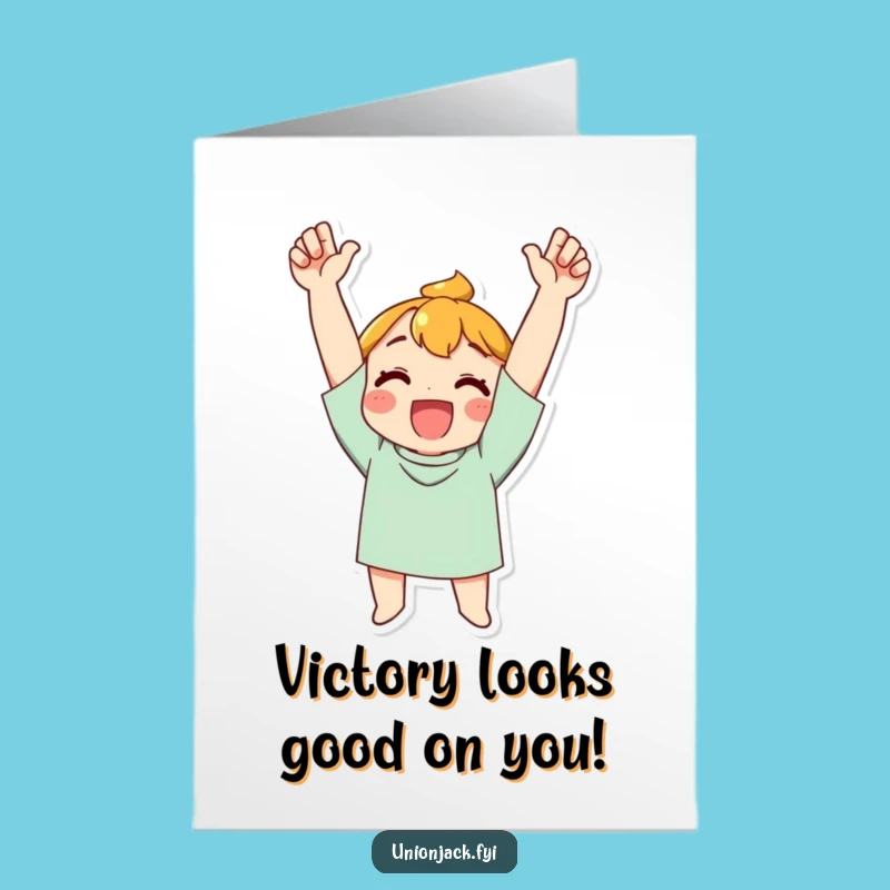 Free Printable Congrats Card: Triumph Cheering Character for a Celebratory Downloadable Gift