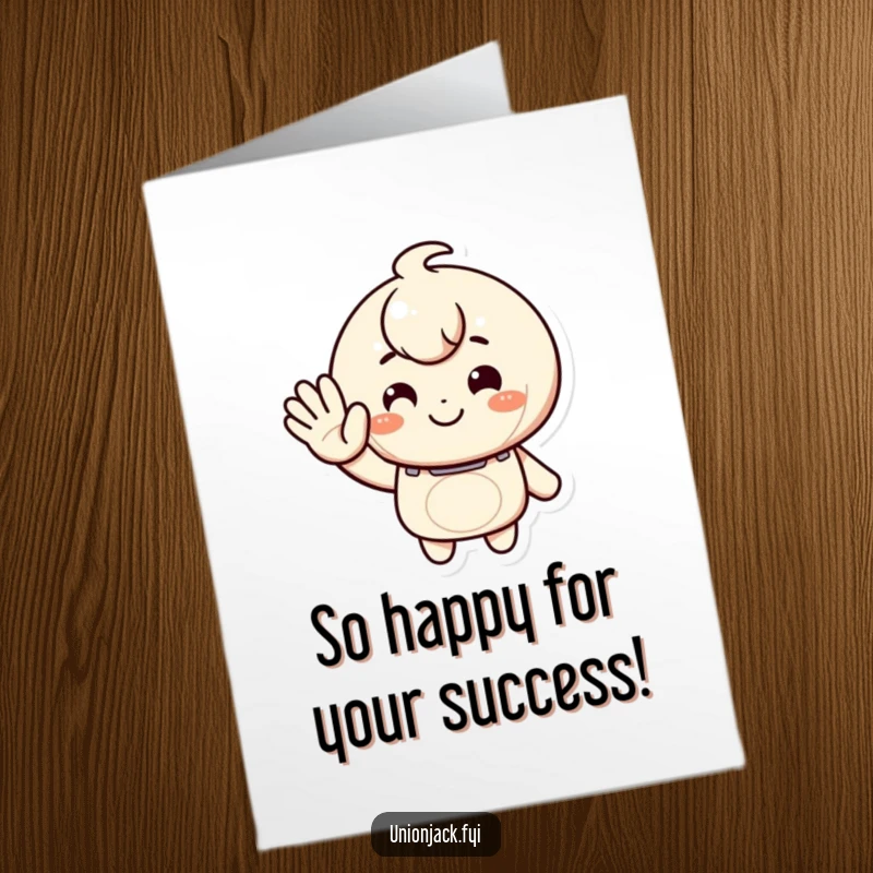 Funny Free Printable Congratulations Card: Character extending a warm, inviting wave with a genuine smile to congratulate someone on their achievement.