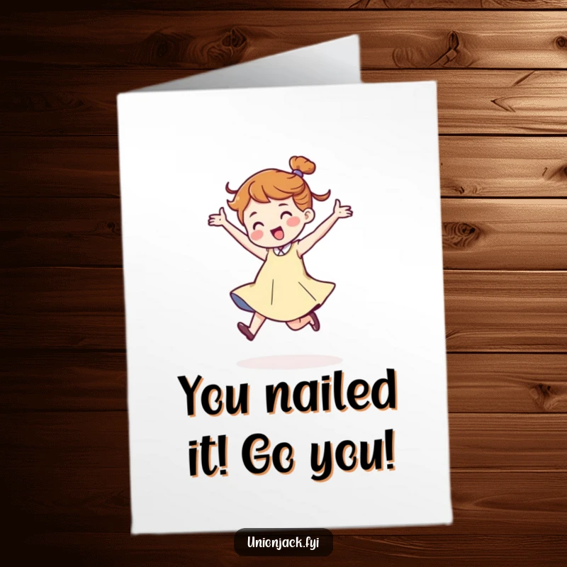Funny free printable congratulations card depicts a character dancing with boundless energy, celebrating success with infectious enthusiasm.