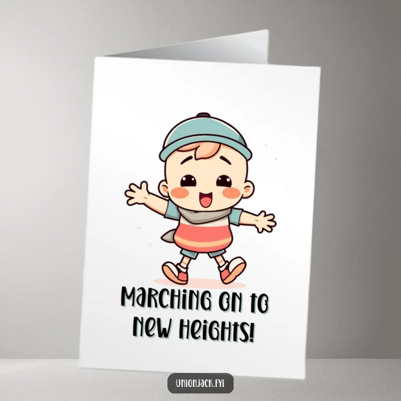 Funny Free Printable Congratulations Card: Character marching with exaggerated steps, celebrating a big win with humor.