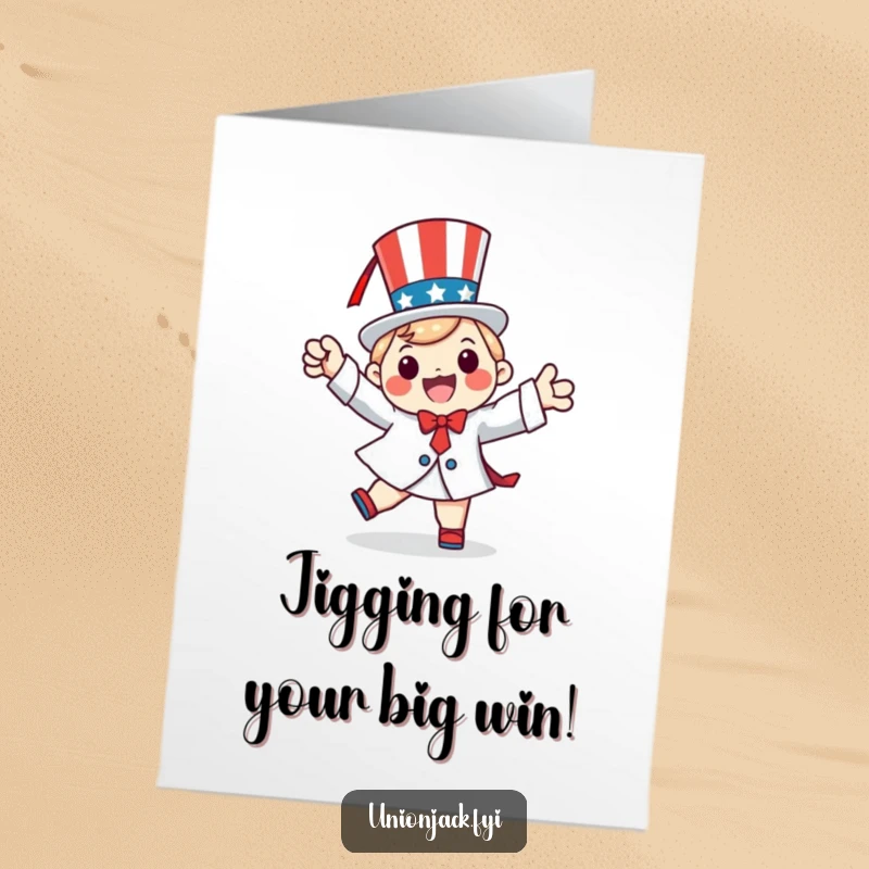 Funny Free Printable Congratulations Card: A happy character performs a patriotic jig, celebrating your success with exuberant humor.