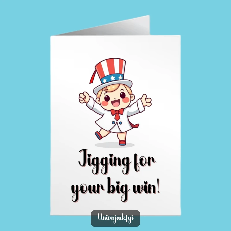 Free Printable Congrats Card: Patriotic Jig Character, Humorous Downloadable Gift for Wins