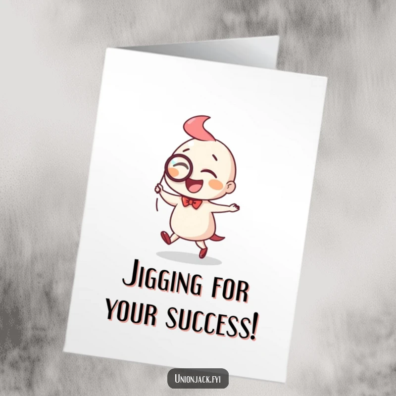 Funny Free Printable Congratulations Card showing a distinguished character doing a merry jig with a monocle, celebrating a magnificent achievement.