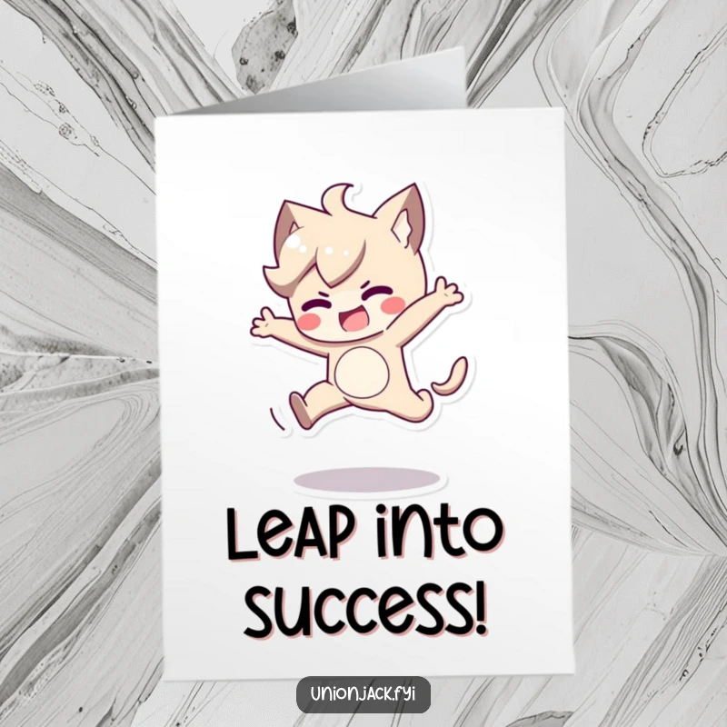 Funny Free Printable Congratulations Card showing a character executing a spirited jump with focused determination.
