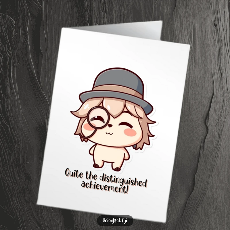 Funny Free Printable Congratulations Card: Character with a bowler hat and monocle winks, celebrating a successful achievement.