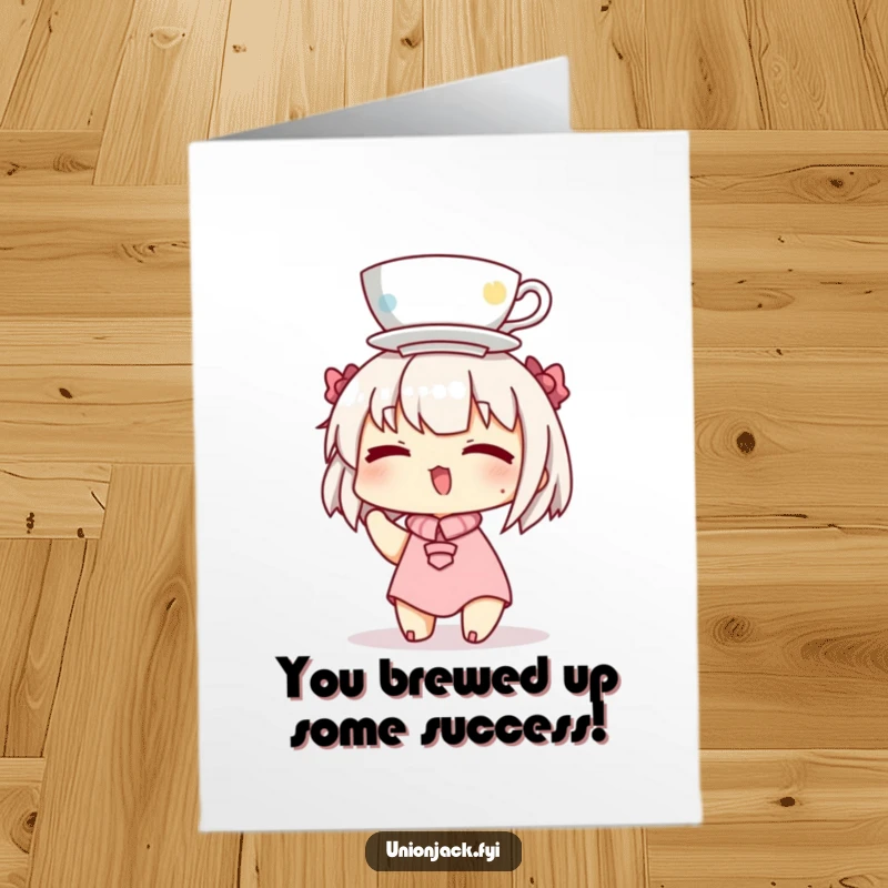 Funny Free Printable Congratulations Card with a winking character expertly balancing a teacup on their head, celebrating success.