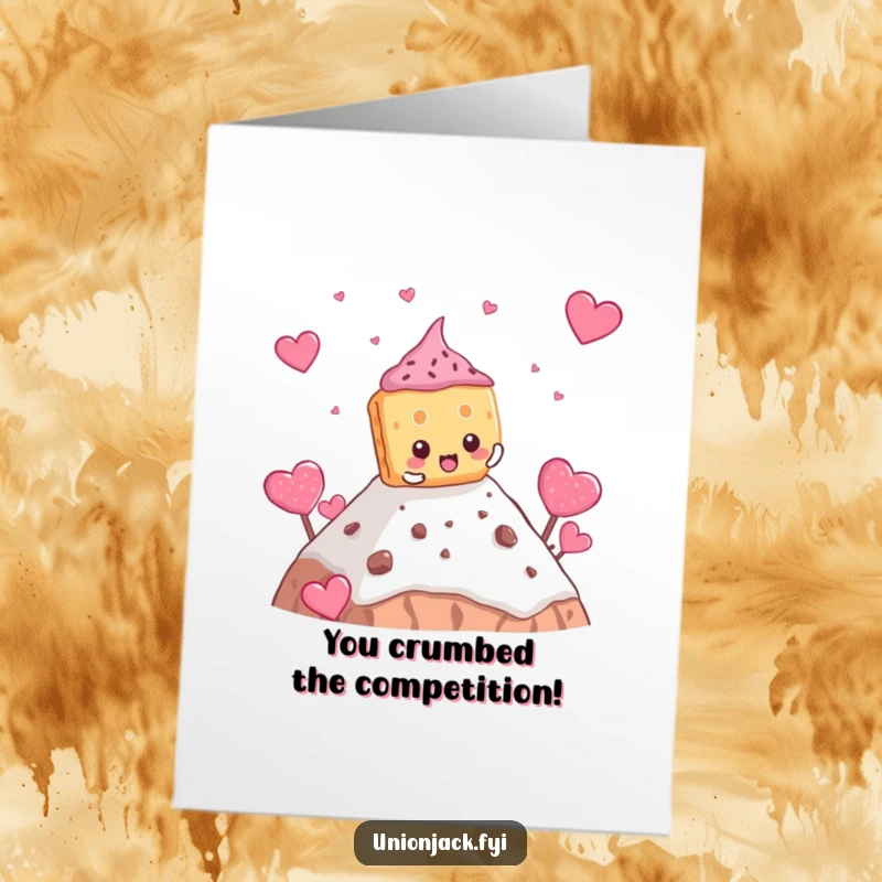 Funny Free Printable Congratulations Card: Determined biscuit character humorously scaling a teacake mountain, a tasty symbol of accomplishment.