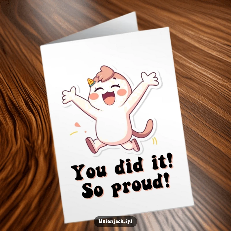Funny free printable congratulations card featuring a jubilant character performing a celebratory leap with arms spread wide.