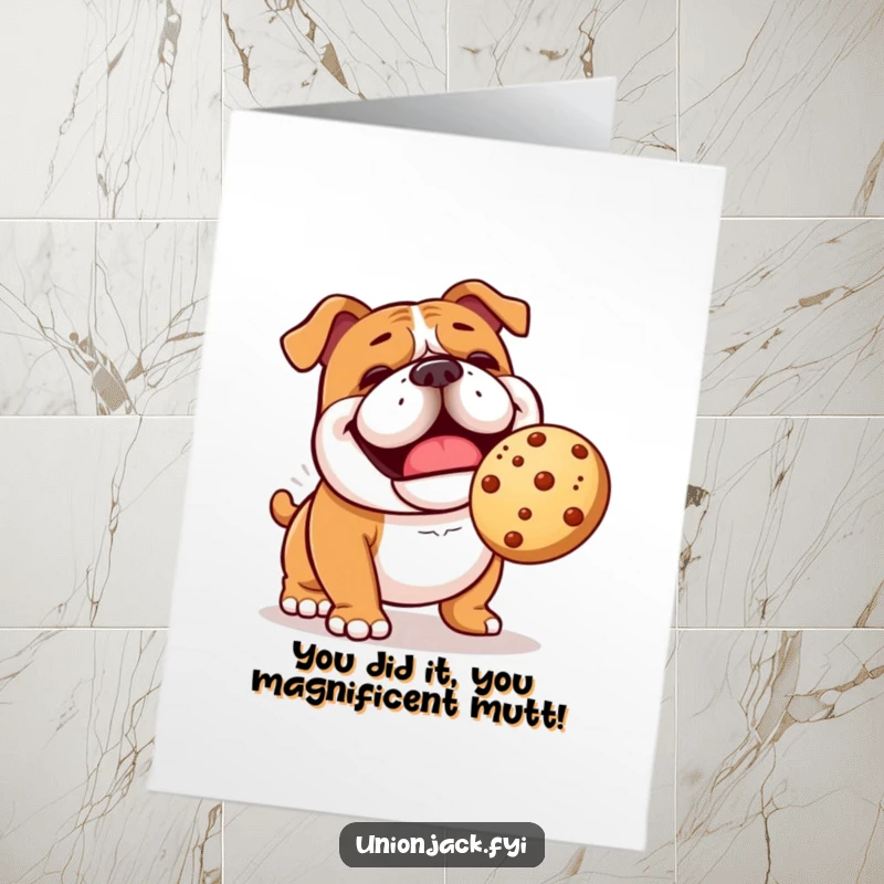 Funny Free Printable Congratulations Card: Cheerful bulldog comically trying to catch a bouncing scone, a playful take on achieving goals.