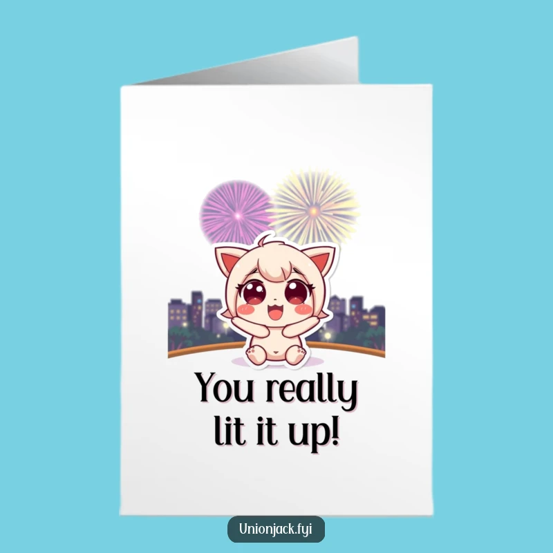Free Printable Congrats Card: Character Awed by Fireworks - Celebrate Success Downloadable Gift