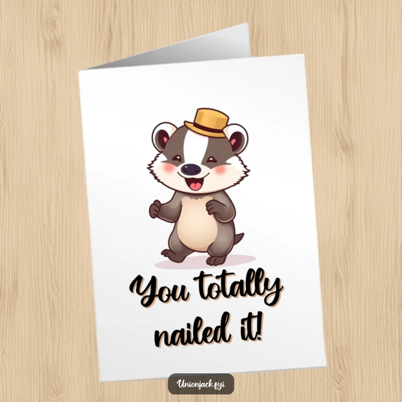 Funny free printable congratulations card: A delighted badger wearing a bowler hat gracefully attempts to waltz, celebrating.