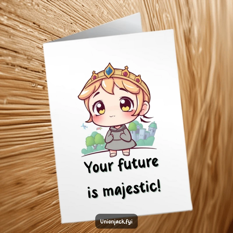 Funny Free Printable Congratulations Card showing a character with awestruck, wide eyes looking towards a faraway, grand castle, celebrating aspirations.