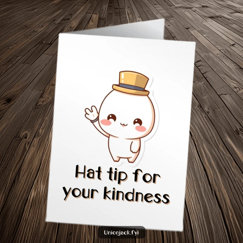 Free Printable Thank You Card: Cute character wearing a tiny top hat giving a cheerful wave, a polite and charming thank you.
