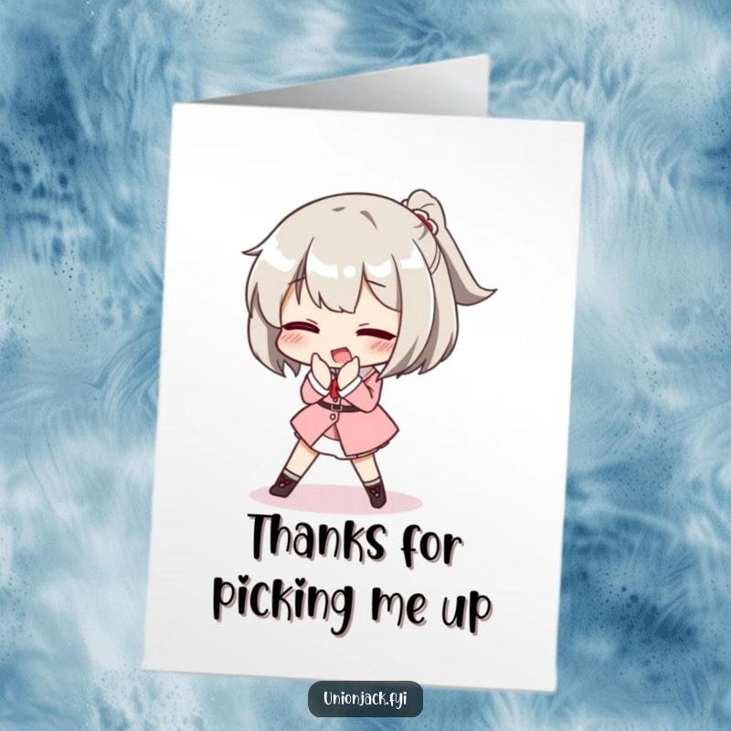 Free Printable Thank You Card: Character comically trips while attempting a posh curtsey, a funny and endearing way to say thanks.