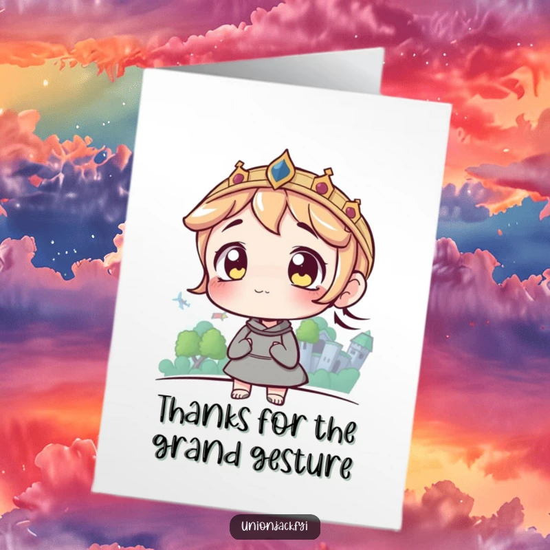 Funny Free Printable Thank You Card with a character looking with wide, amazed eyes at a distant castle, symbolizing deep appreciation.