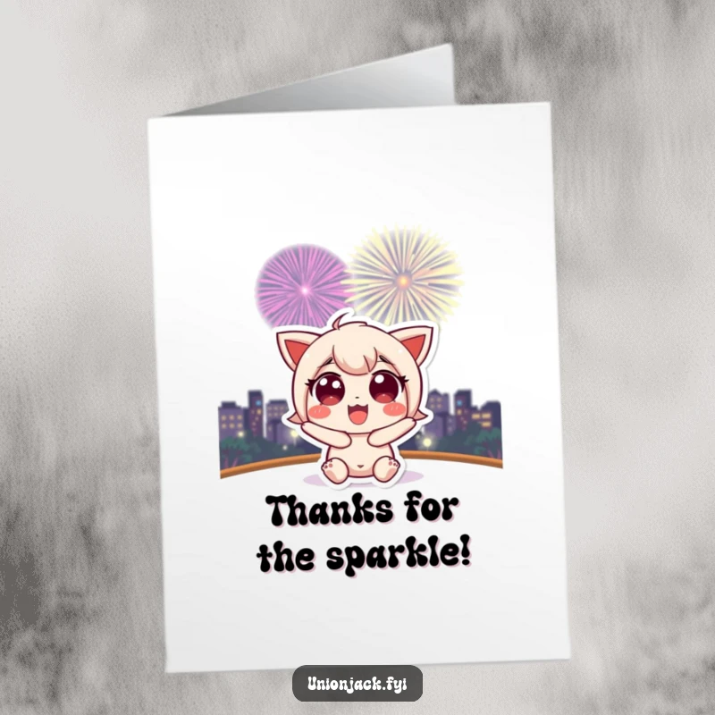 Funny Free Printable Thank You Card: A cute character is mesmerized by a spectacular fireworks display in the night sky.