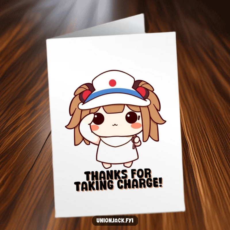 Funny Free Printable Thank You Card: A cute character proudly salutes with a tiny flag, showing thanks with a smile.